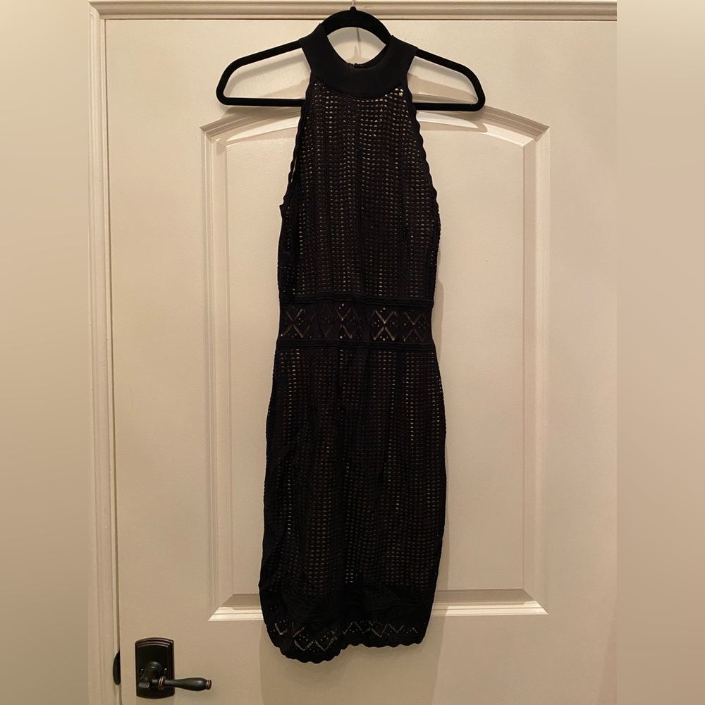 Line Perforated black halter cocktail dress